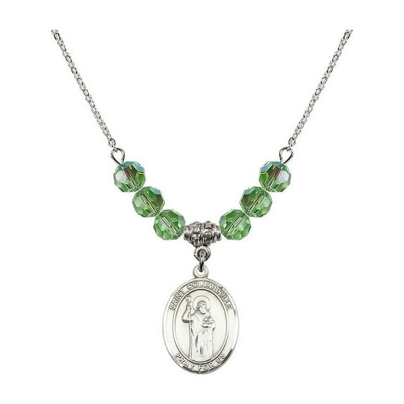 18-Inch Rhodium Plated Necklace with 6mm Green August Birth Month Stone Beads and Saint Columbkille Charm