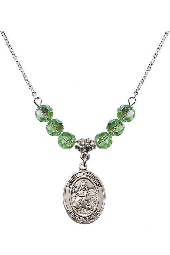18-Inch Rhodium Plated Necklace with 6mm Green August Birth Month Stone Beads and Saint Ephrem Charm