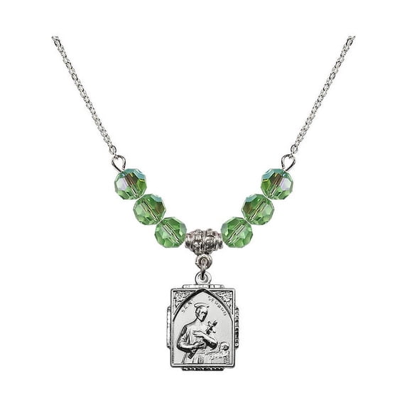 18-Inch Rhodium Plated Necklace with 6mm Green August Birth Month Stone Beads and Saint Gerard Charm