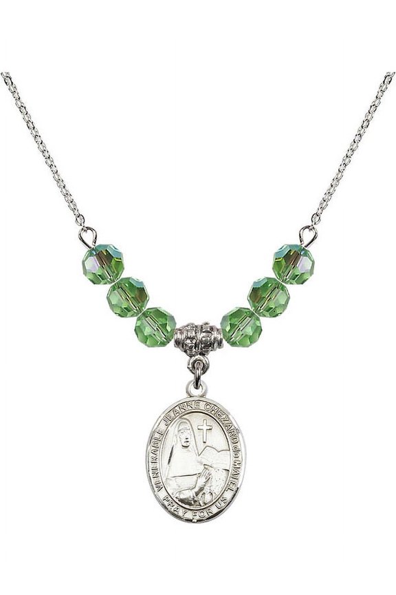 18-Inch Rhodium Plated Necklace with 6mm Green August Birth Month Stone Beads and Saint Jeanne Chezard de Matel Charm