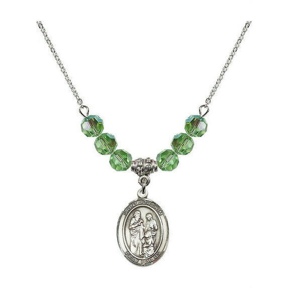 18-Inch Rhodium Plated Necklace with 6mm Green August Birth Month Stone Beads and Saint Joachim Charm
