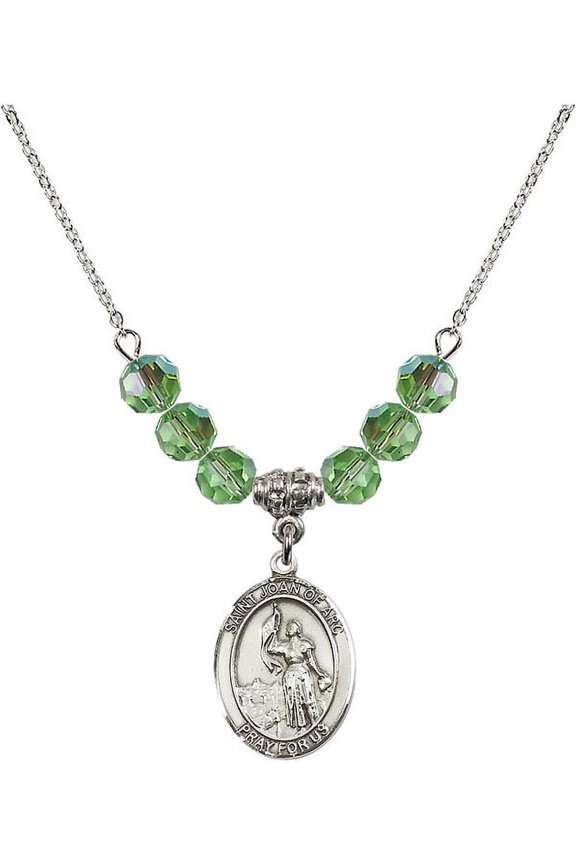 18-Inch Rhodium Plated Necklace with 6mm Green August Birth Month Stone Beads and Saint Joan of Arc Charm