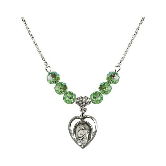 18-Inch Rhodium Plated Necklace with 6mm Green August Birth Month Stone Beads and Saint Jude Charm