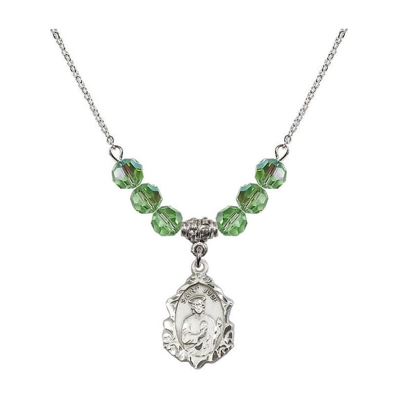18-Inch Rhodium Plated Necklace with 6mm Green August Birth Month Stone Beads and Saint Jude Charm