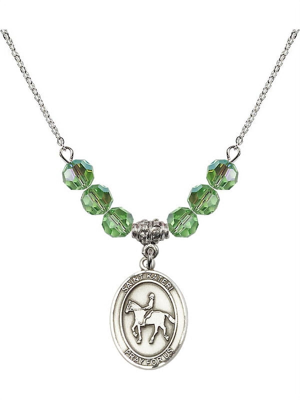 18-Inch Rhodium Plated Necklace with 6mm Green August Birth Month Stone Beads and Saint Kateri/Equestrian Charm