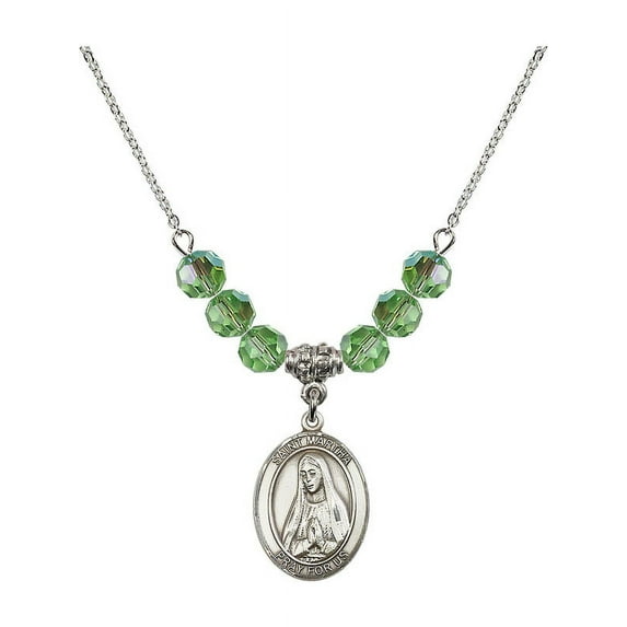 18-Inch Rhodium Plated Necklace with 6mm Green August Birth Month Stone Beads and Saint Martha Charm