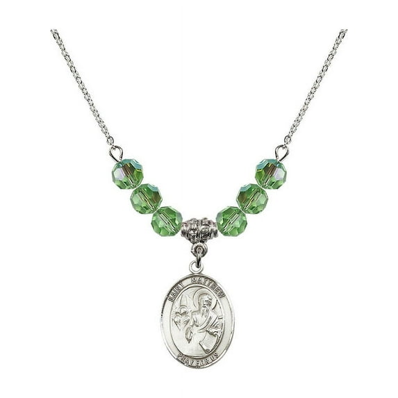 18-Inch Rhodium Plated Necklace with 6mm Green August Birth Month Stone Beads and Saint Matthew the Apostle Charm