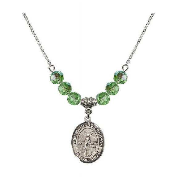 18-Inch Rhodium Plated Necklace with 6mm Green August Birth Month Stone Beads and Saint Medard of Noyon Charm