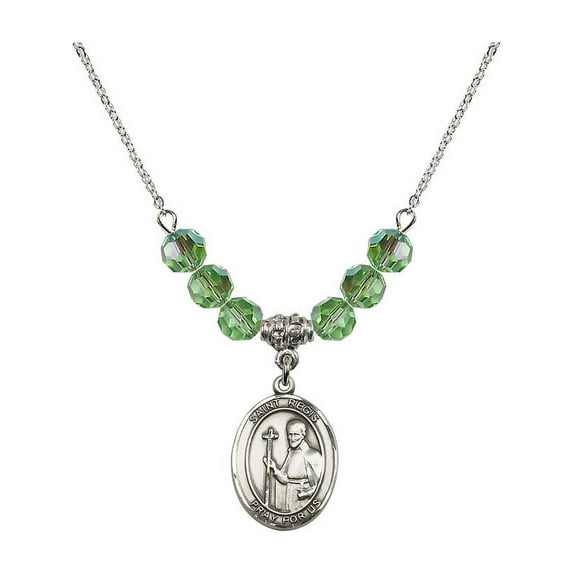 18-Inch Rhodium Plated Necklace with 6mm Green August Birth Month Stone Beads and Saint Regis Charm
