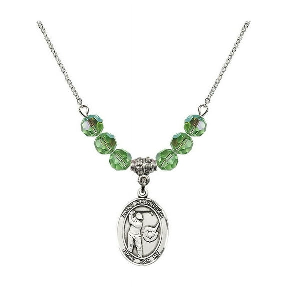 18-Inch Rhodium Plated Necklace with 6mm Green August Birth Month Stone Beads and Saint Sebastian / Golf Charm