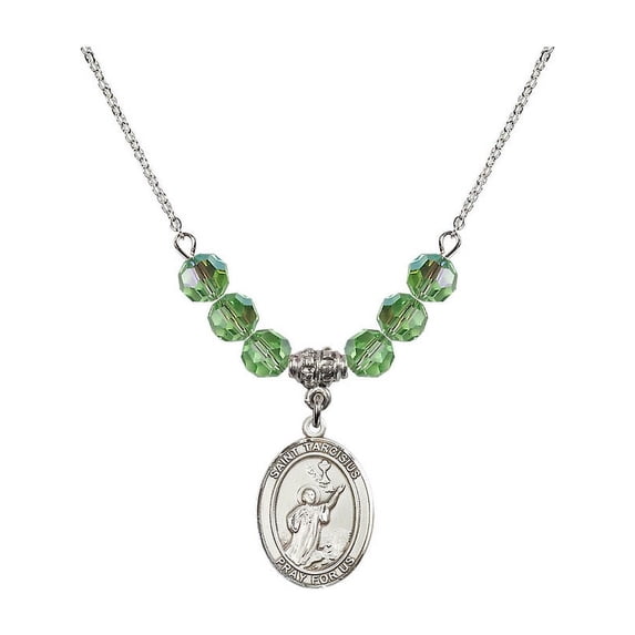 18-Inch Rhodium Plated Necklace with 6mm Green August Birth Month Stone Beads and Saint Tarcisius Charm