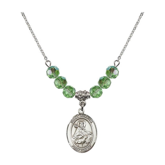 18-Inch Rhodium Plated Necklace with 6mm Green August Birth Month Stone Beads and Saint William of Rochester Charm