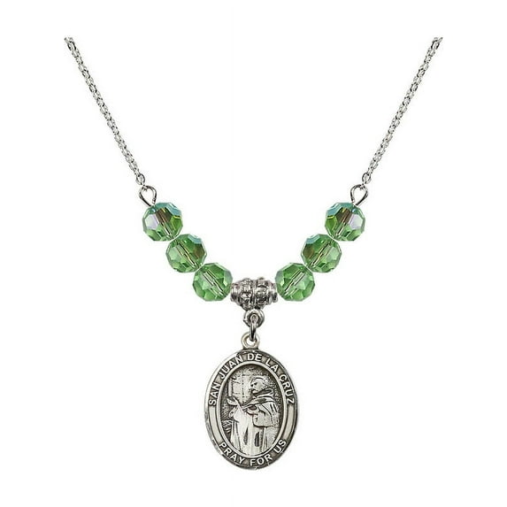 18-Inch Rhodium Plated Necklace with 6mm Green August Birth Month Stone Beads and San Juan de la Cruz Charm