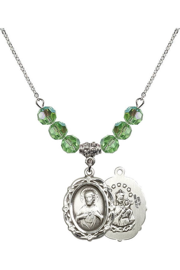 18-Inch Rhodium Plated Necklace with 6mm Green August Birth Month Stone Beads and Scapular Charm