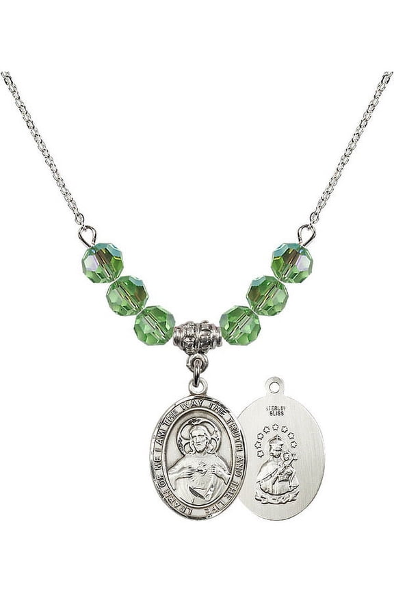 18-Inch Rhodium Plated Necklace with 6mm Green August Birth Month Stone Beads and Scapular Charm