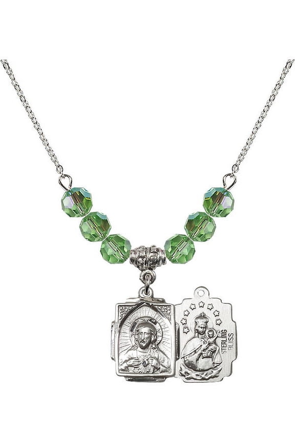 18-Inch Rhodium Plated Necklace with 6mm Green August Birth Month Stone Beads and Scapular Charm
