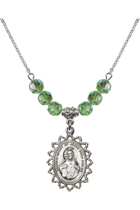 18-Inch Rhodium Plated Necklace with 6mm Green August Birth Month Stone Beads and Scapular Charm