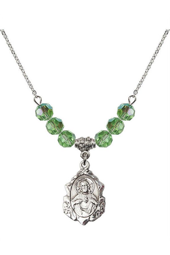 18-Inch Rhodium Plated Necklace with 6mm Green August Birth Month Stone Beads and Scapular Charm