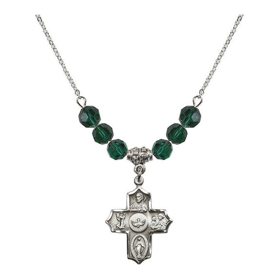 18-Inch Rhodium Plated Necklace with 6mm Green May Birth Month Stone Beads and 5-Way Charm