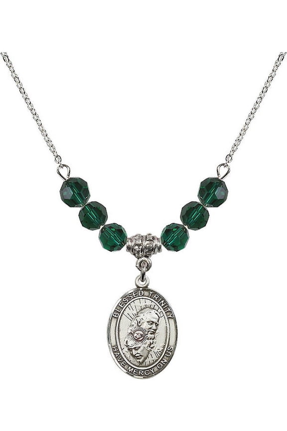 18-Inch Rhodium Plated Necklace with 6mm Green May Birth Month Stone Beads and Blessed Trinity Charm