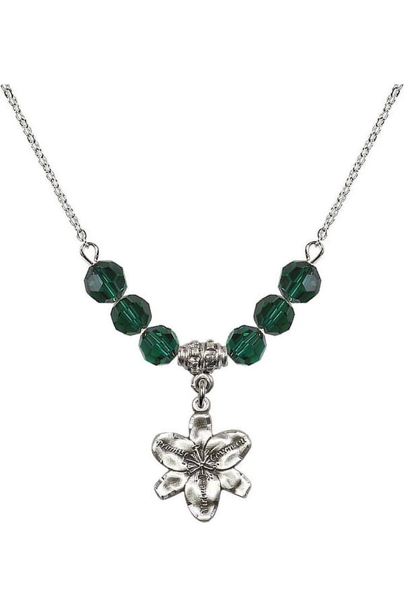 18-Inch Rhodium Plated Necklace with 6mm Green May Birth Month Stone Beads and Chastity Charm