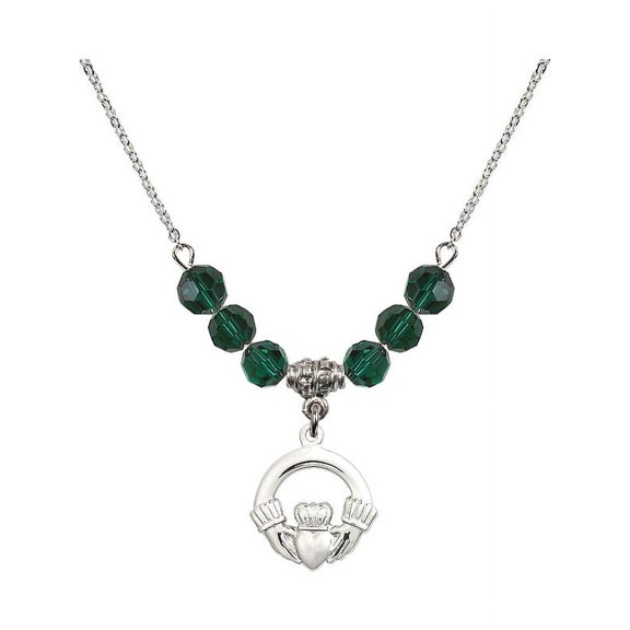 18-Inch Rhodium Plated Necklace with 6mm Green May Birth Month Stone Beads and Claddagh Charm