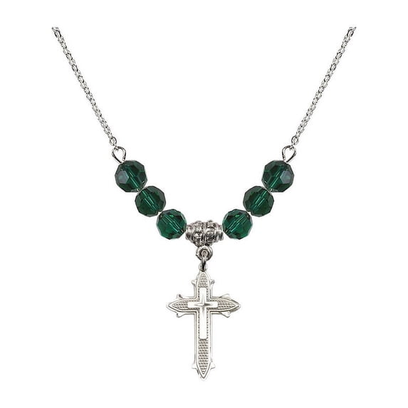 18-Inch Rhodium Plated Necklace with 6mm Green May Birth Month Stone Beads and Cross on Cross Charm