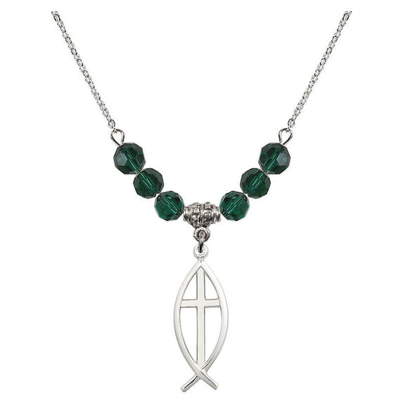 18-Inch Rhodium Plated Necklace with 6mm Green May Birth Month Stone Beads and Fish / Cross Charm