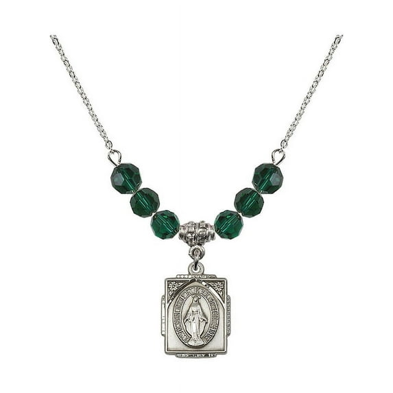 18-Inch Rhodium Plated Necklace with 6mm Green May Birth Month Stone Beads and Miraculous Charm
