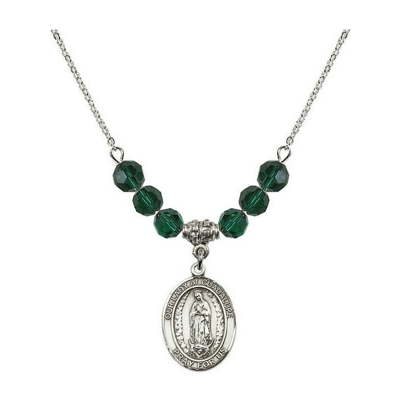 18-Inch Rhodium Plated Necklace with 6mm Green May Birth Month Stone Beads and Our Lady of Guadalupe Charm