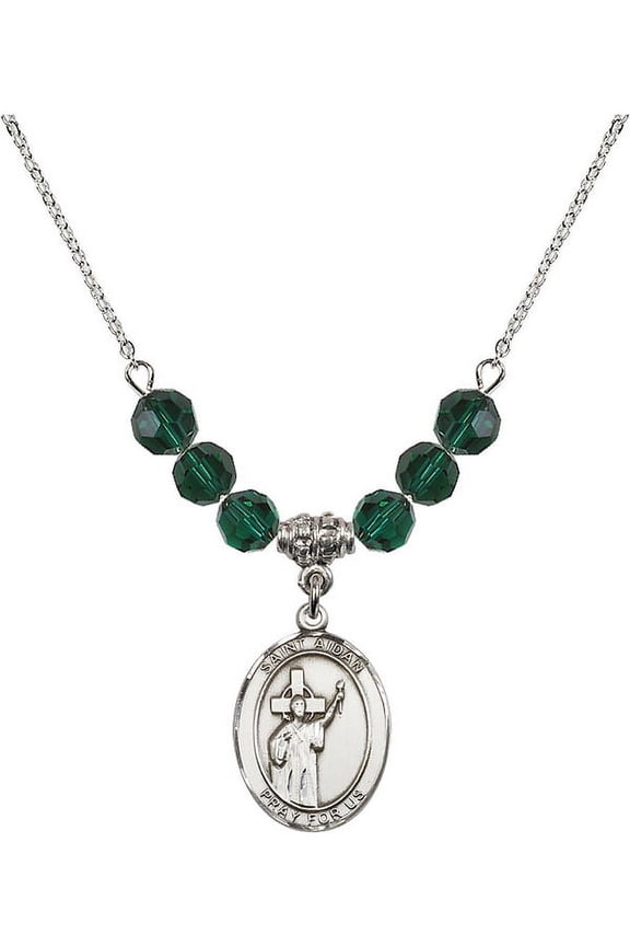 18-Inch Rhodium Plated Necklace with 6mm Green May Birth Month Stone Beads and Saint Aidan of Lindesfarne Charm