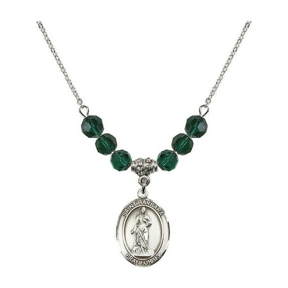 18-Inch Rhodium Plated Necklace with 6mm Green May Birth Month Stone Beads and Saint Barbara Charm