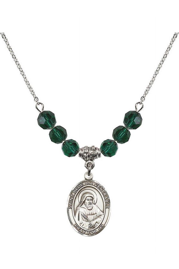 18-Inch Rhodium Plated Necklace with 6mm Green May Birth Month Stone Beads and Saint Bede the Venerable Charm