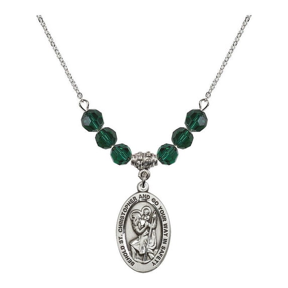 18-Inch Rhodium Plated Necklace with 6mm Green May Birth Month Stone Beads and Saint Christopher Charm