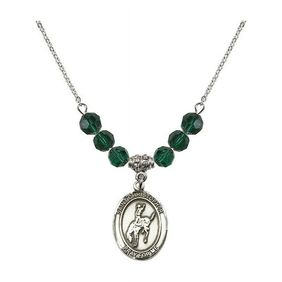 18-Inch Rhodium Plated Necklace with 6mm Green May Birth Month Stone Beads and Saint Christopher / Rodeo Charm