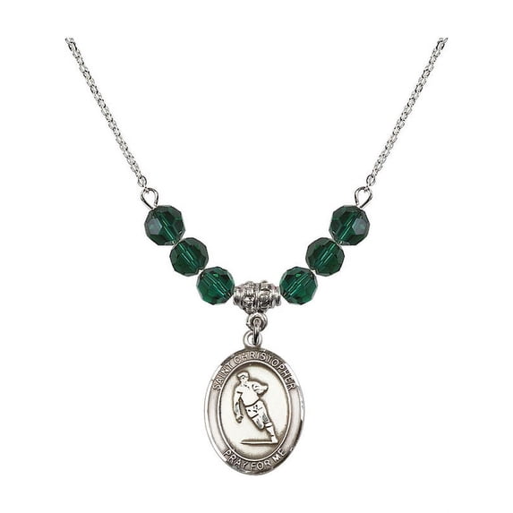 18-Inch Rhodium Plated Necklace with 6mm Green May Birth Month Stone Beads and Saint Christopher / Rugby Charm