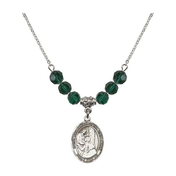 18-Inch Rhodium Plated Necklace with 6mm Green May Birth Month Stone Beads and Saint Elizabeth of the Visitation Charm