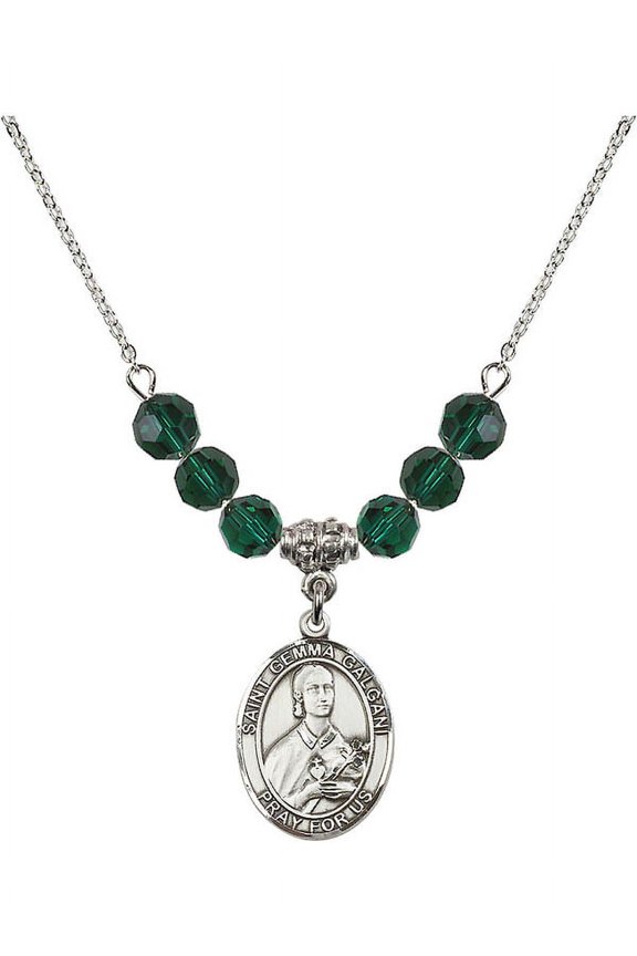 18-Inch Rhodium Plated Necklace with 6mm Green May Birth Month Stone Beads and Saint Gemma Galgani Charm