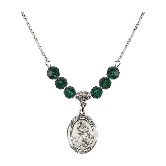 18-Inch Rhodium Plated Necklace with 6mm Green May Birth Month Stone Beads and Saint Joan of Arc Charm