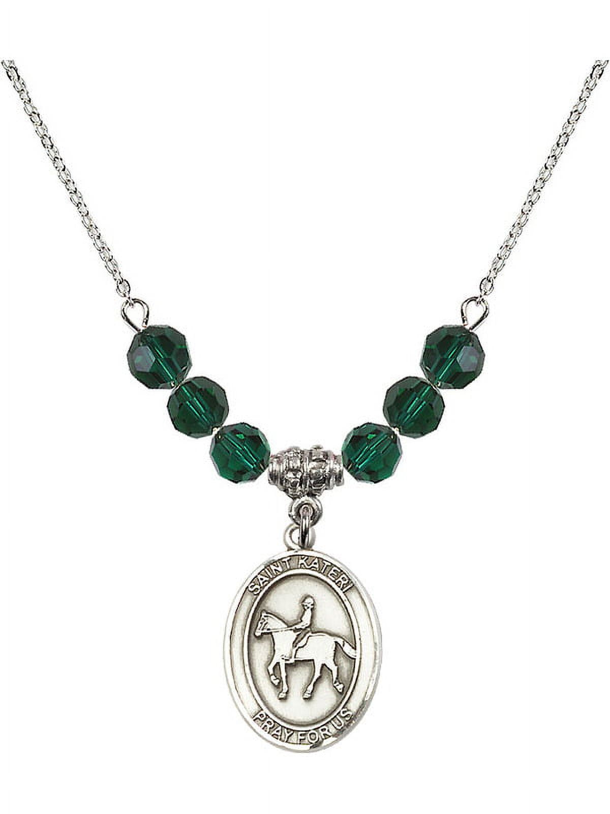 18-Inch Rhodium Plated Necklace with 6mm Green May Birth Month Stone Beads and Saint Kateri/Equestrian Charm