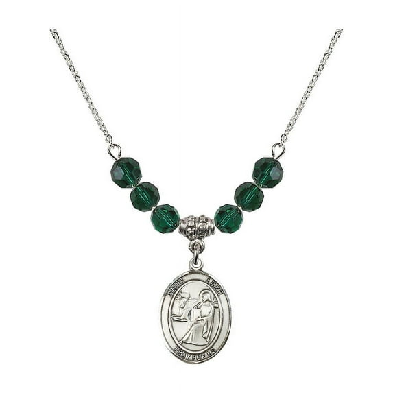 18-Inch Rhodium Plated Necklace with 6mm Green May Birth Month Stone Beads and Saint Luke the Apostle Charm