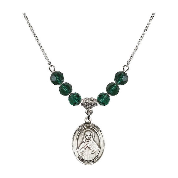 18-Inch Rhodium Plated Necklace with 6mm Green May Birth Month Stone Beads and Saint Olivia Charm