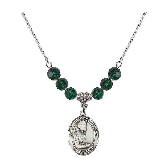 18-Inch Rhodium Plated Necklace with 6mm Green May Birth Month Stone Beads and Saint Pio of Pietrelcina Charm