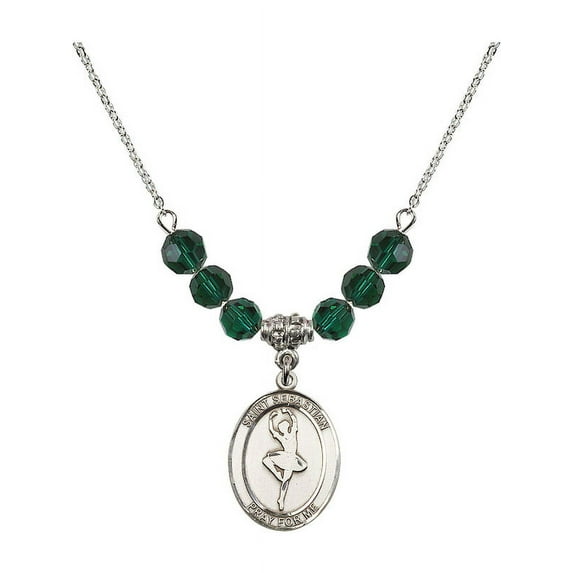 18-Inch Rhodium Plated Necklace with 6mm Green May Birth Month Stone Beads and Saint Sebastian/Dance Charm