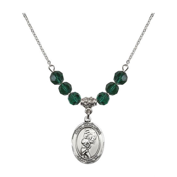 18-Inch Rhodium Plated Necklace with 6mm Green May Birth Month Stone Beads and Saint Sebastian/Softball Charm