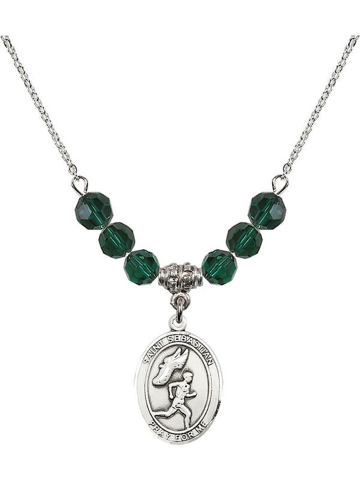 18-Inch Rhodium Plated Necklace with 6mm Green May Birth Month Stone Beads and Saint Sebastian /Track&Field-Men Charm