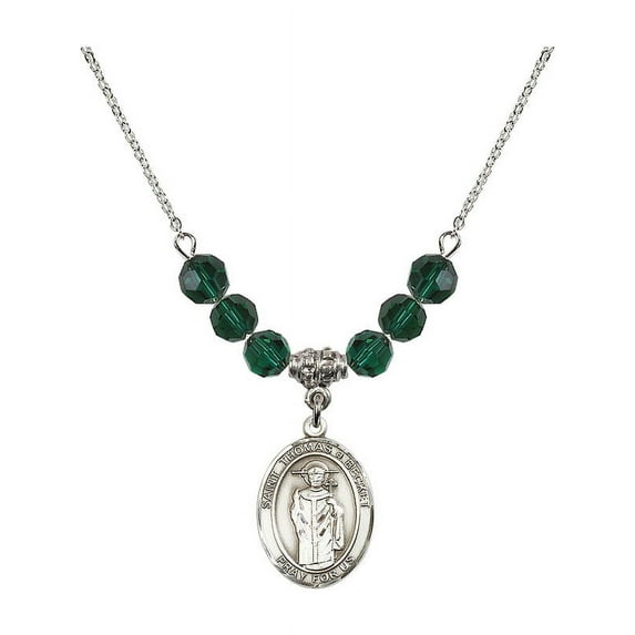 18-Inch Rhodium Plated Necklace with 6mm Green May Birth Month Stone Beads and Saint Thomas A Becket Charm
