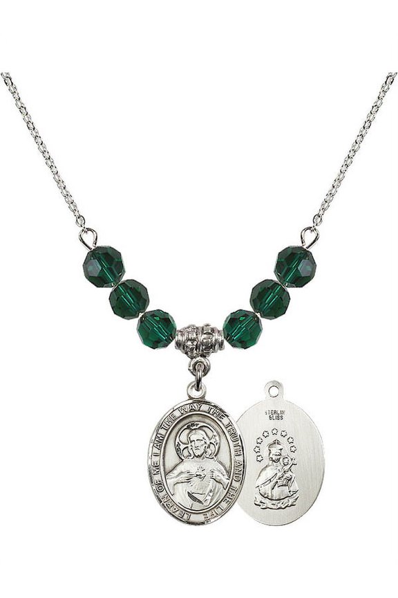 18-Inch Rhodium Plated Necklace with 6mm Green May Birth Month Stone Beads and Scapular Charm