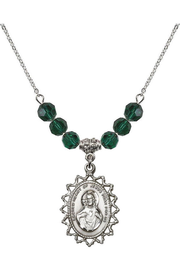 18-Inch Rhodium Plated Necklace with 6mm Green May Birth Month Stone Beads and Scapular Charm