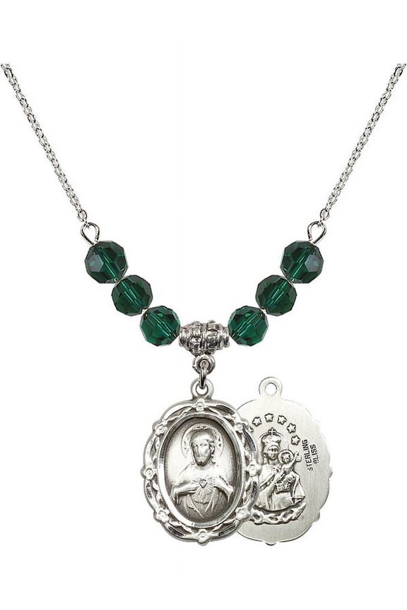 18-Inch Rhodium Plated Necklace with 6mm Green May Birth Month Stone Beads and Scapular Charm